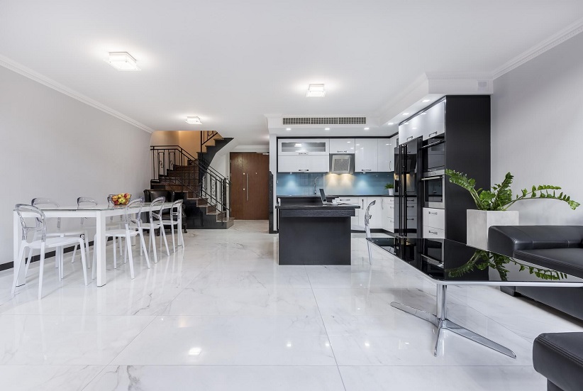 tile flooring in kitchen and dining room