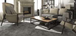 Carpet floor in living room by fireplace