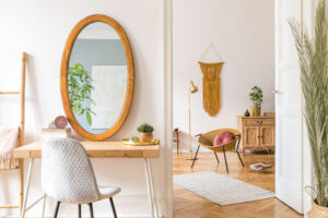 Stylish and minimalist interior of living room with design gold