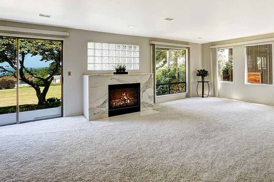 carpet in living room surrounding fireplace