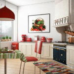 kitchen with hardwood floors and red accent appliances